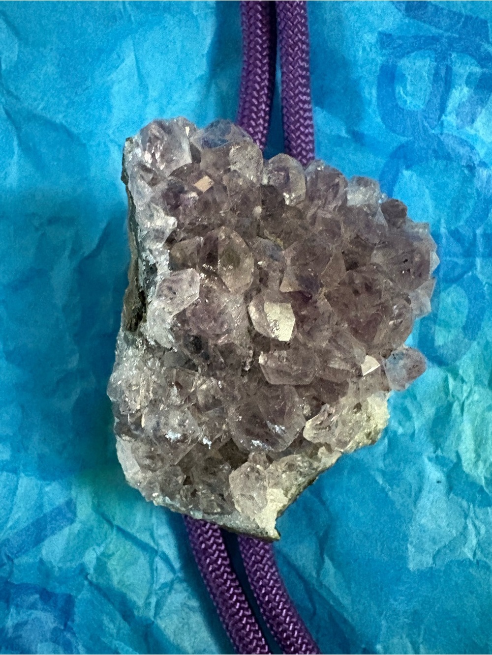 Raw Amethyst Crystal Cluster Necklace - Purple Gem Pendant Bolo Tie